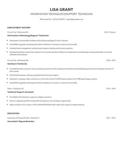 Information Technology/Support Technician Resume