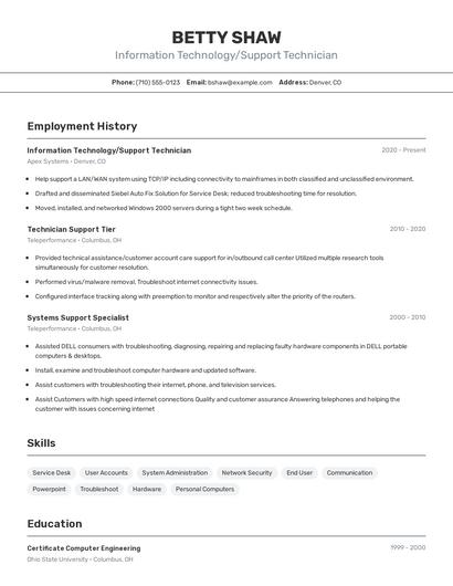Information Technology/Support Technician Resume