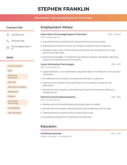 Information Technology/Support Technician Resume