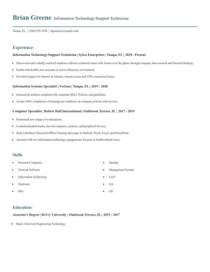 Information Technology/Support Technician Resume