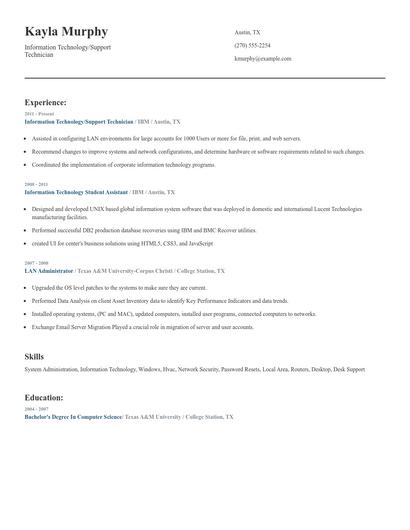 Information Technology/Support Technician Resume