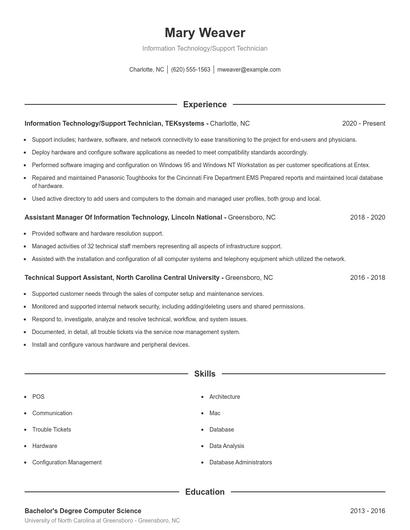 Information Technology/Support Technician Resume