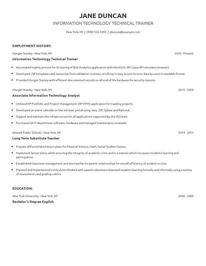 Information Technology Technical Trainer Resume