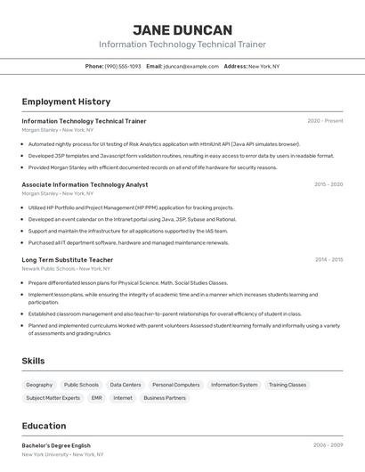 Information Technology Technical Trainer Resume