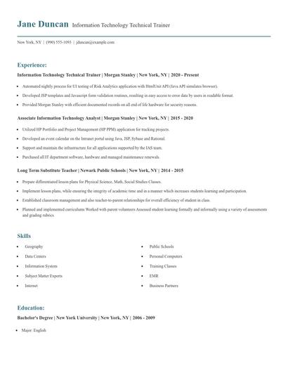 Information Technology Technical Trainer Resume