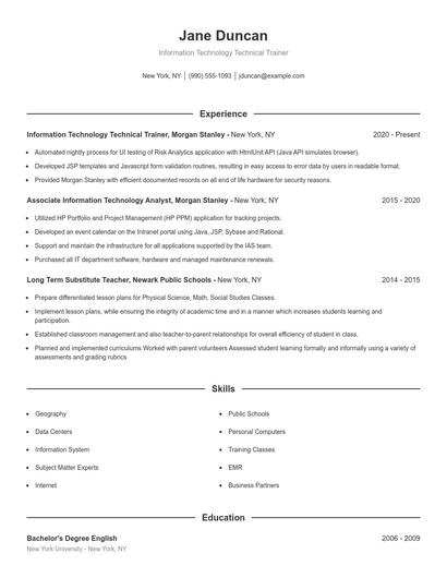 Information Technology Technical Trainer Resume