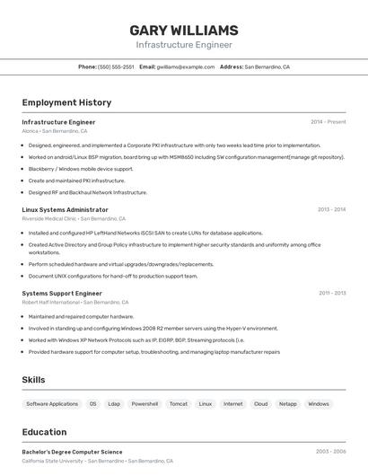 Infrastructure Engineer Resume