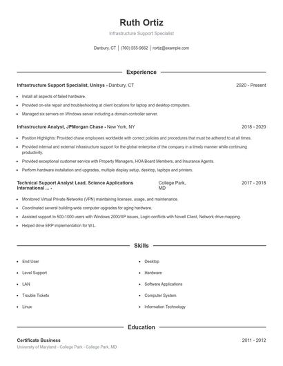 Infrastructure Support Specialist Resume