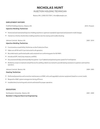 Injection Molding Technician Resume