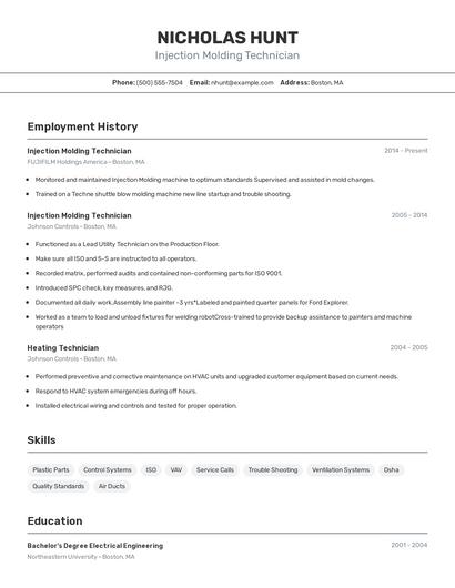 Injection Molding Technician Resume