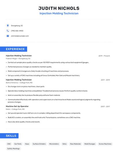 Injection Molding Technician Resume