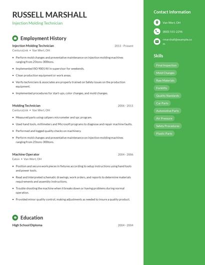 Injection Molding Technician Resume
