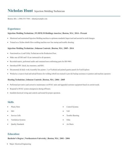 Injection Molding Technician Resume