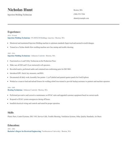 Injection Molding Technician Resume