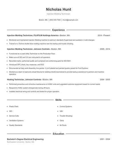 Injection Molding Technician Resume