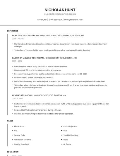 Injection Molding Technician Resume