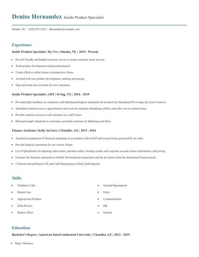 Inside Product Specialist Resume