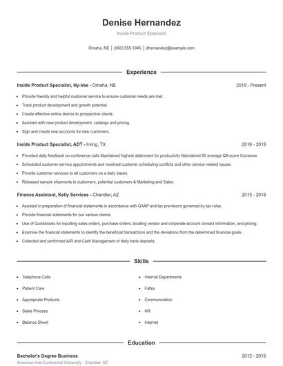 Inside Product Specialist Resume