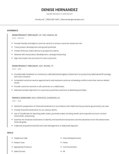 Inside Product Specialist Resume