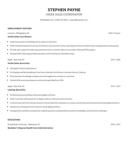 Inside Sales Coordinator Resume