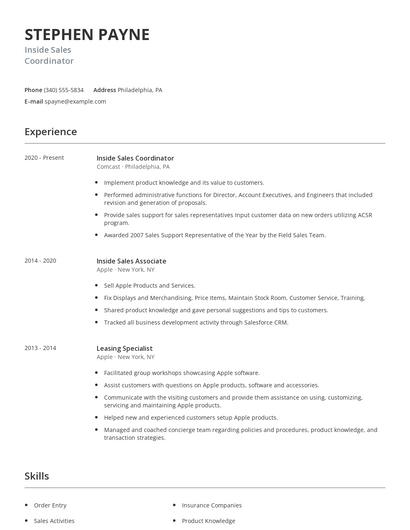 Inside Sales Coordinator Resume