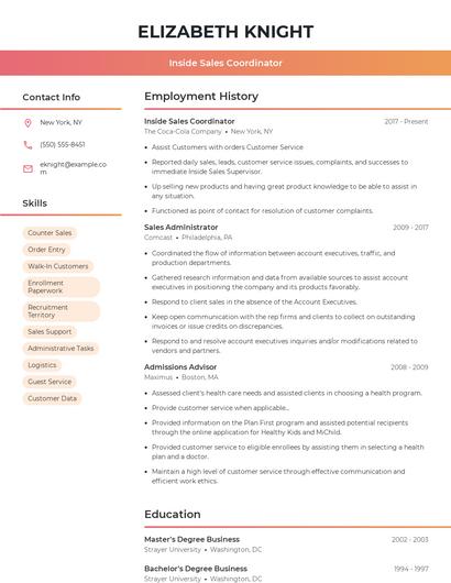 Inside Sales Coordinator Resume