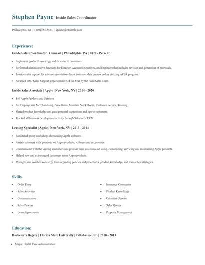 Inside Sales Coordinator Resume