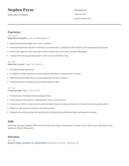 Inside Sales Coordinator Resume