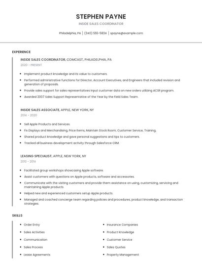 Inside Sales Coordinator Resume