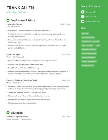 Inside Sales Engineer Resume