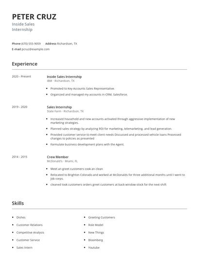 Inside Sales Internship Resume