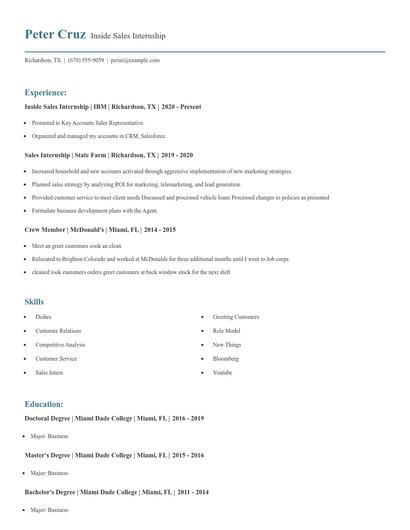Inside Sales Internship Resume