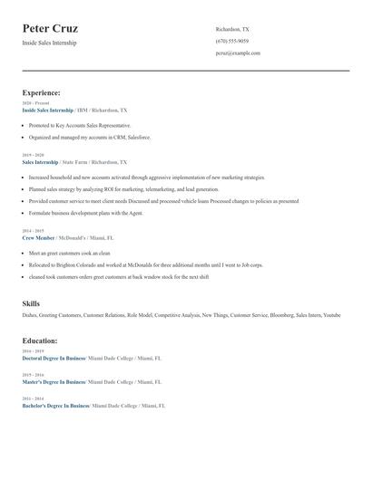 Inside Sales Internship Resume