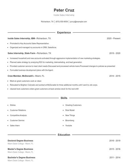 Inside Sales Internship Resume