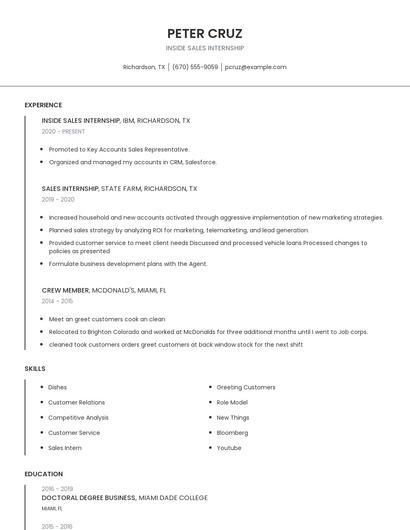 Inside Sales Internship Resume