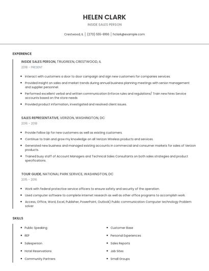 Inside Sales Person Resume