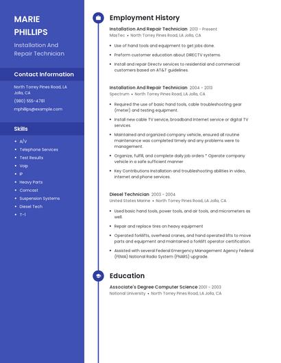 Installation And Repair Technician Resume