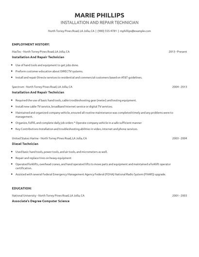 Installation And Repair Technician Resume