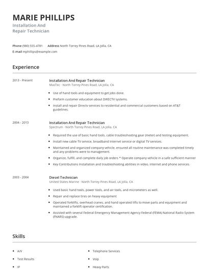 Installation And Repair Technician Resume