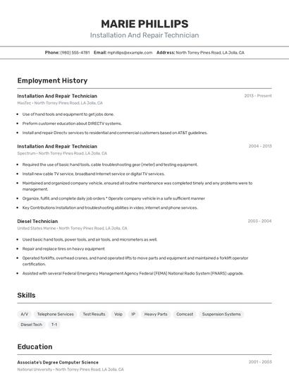 Installation And Repair Technician Resume