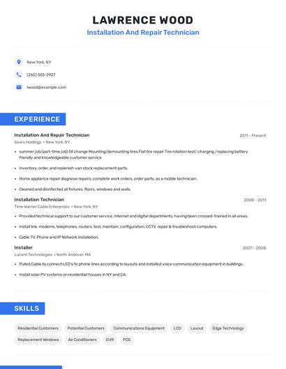 Installation And Repair Technician Resume