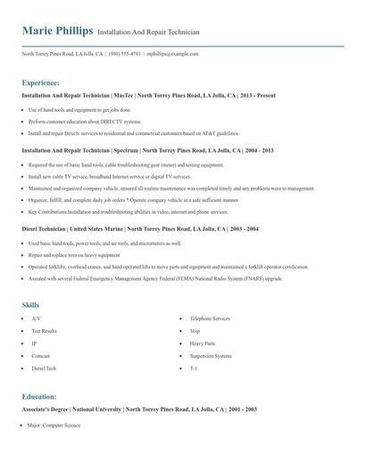 Installation And Repair Technician Resume