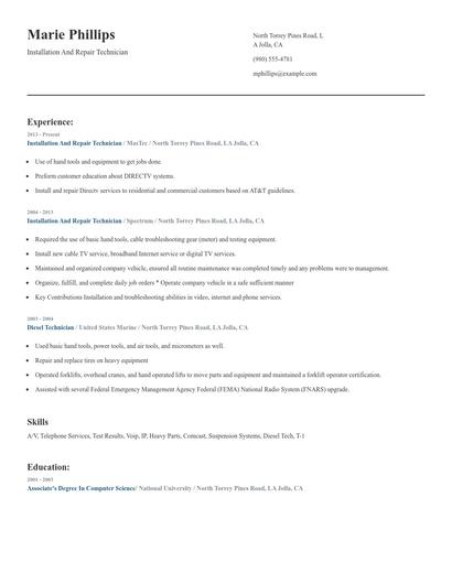 Installation And Repair Technician Resume