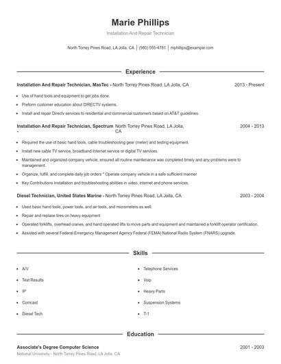 Installation And Repair Technician Resume