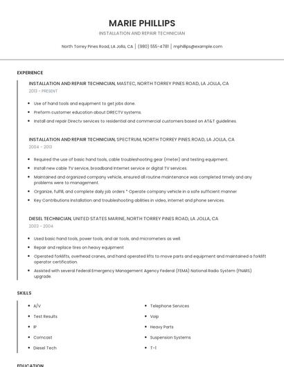 Installation And Repair Technician Resume
