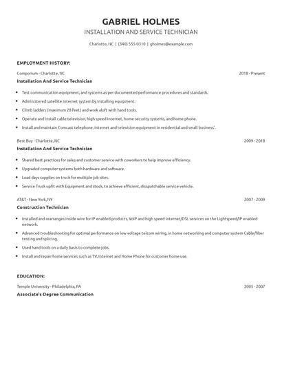 Installation And Service Technician Resume