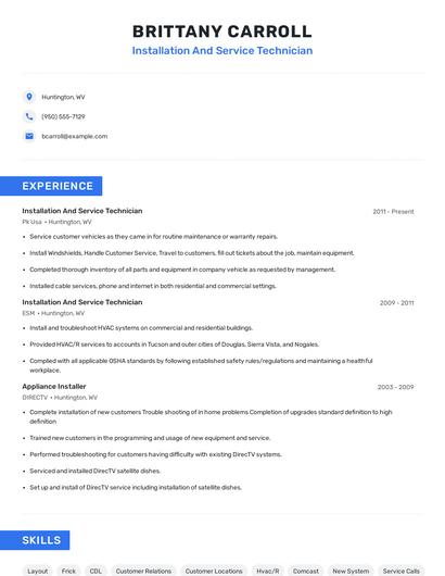 Installation And Service Technician Resume