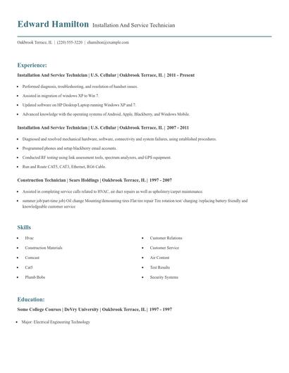 Installation And Service Technician Resume