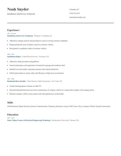 Installation And Service Technician Resume