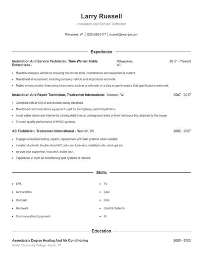 Installation And Service Technician Resume